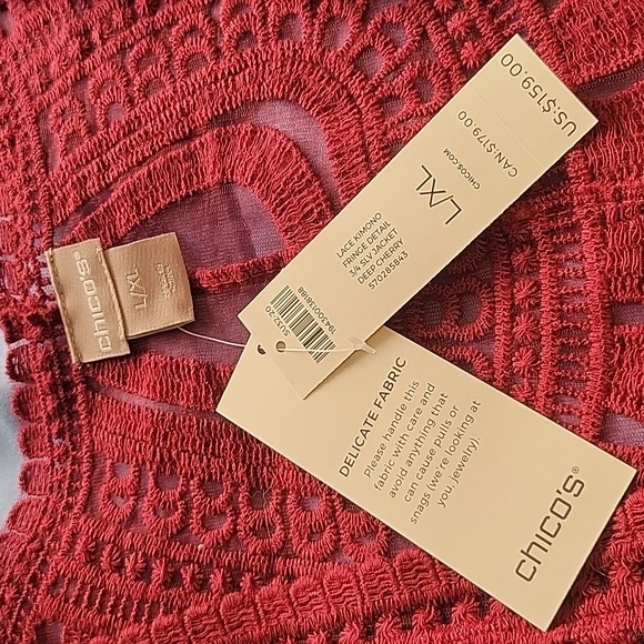 Chico's Deep Cherry Lace Kimono with Fringe Detail- NEW WITH TAGS! Sz L/XL - Picture 2 of 7